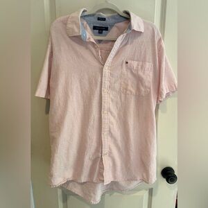 Tommy Hilfiger Shirt Mens XL Pink Linen Cotton Blend Button Down Short Sleeve